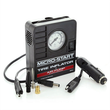 Antigravity tire inflator kit with included needle tip, plastic tip, and power cables